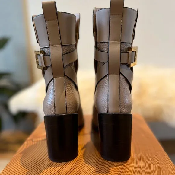 Stuart Weitzman Taupe Leather Block Heel Ankle Boots - Picture 2 of 9